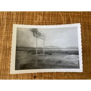 Vtg Mobil Gas Station Sign Desert Mountain Black White Photo Deckle Edge 916D